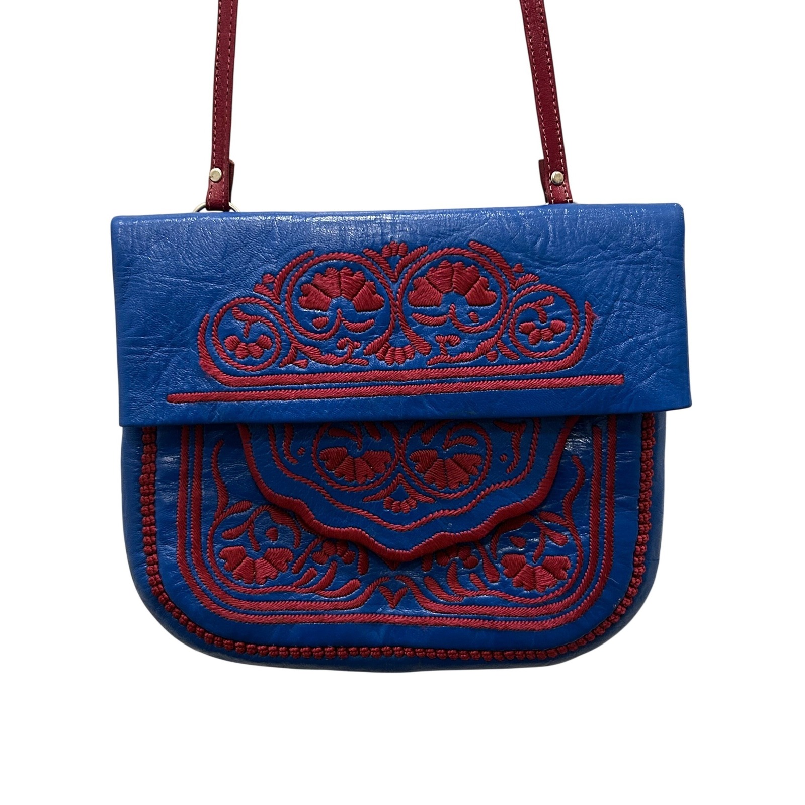 New Vintage Moroccan Berber Leather Crossbody Bag Blue Red Embroidered Boho